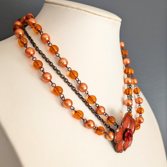 3 strand vintage orange enamel flower necklace with orange and peach beads - Picture 3 of 12